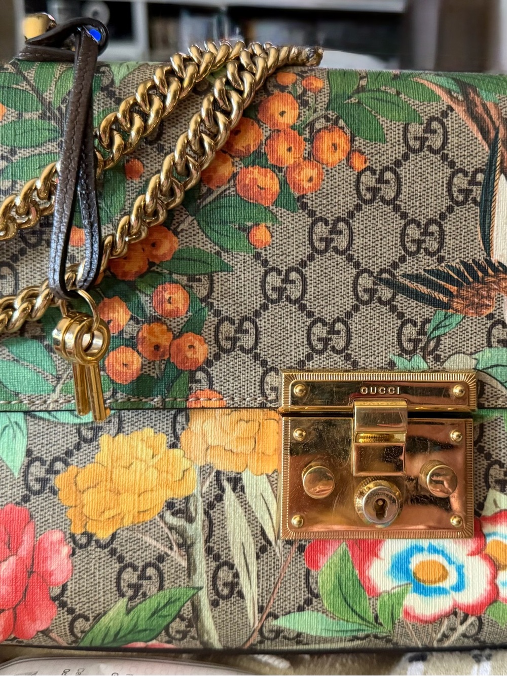 Gucci Floral GG Supreme Chain Shoulder Bag in Beige, Green, Orange, Red, Gold